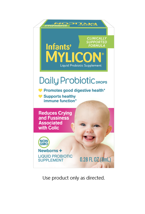 Infant’s Mylicon® Daily Probiotic Drops
–Promotes good digestive health and supports healthy immune function*
–Reduces crying and fussiness associated with colic
–Non GMO
–For Newborns +